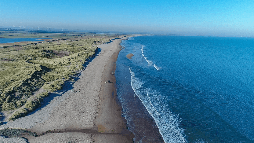 Aerial view of a dog friendly beach in Northumberland